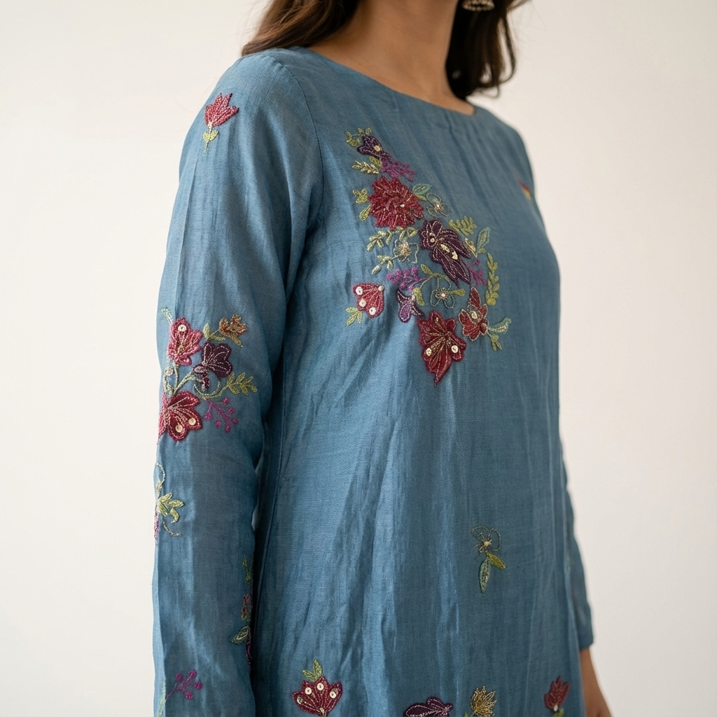 Olive Green Embroidered Suit with Purple Banarsi Trouser