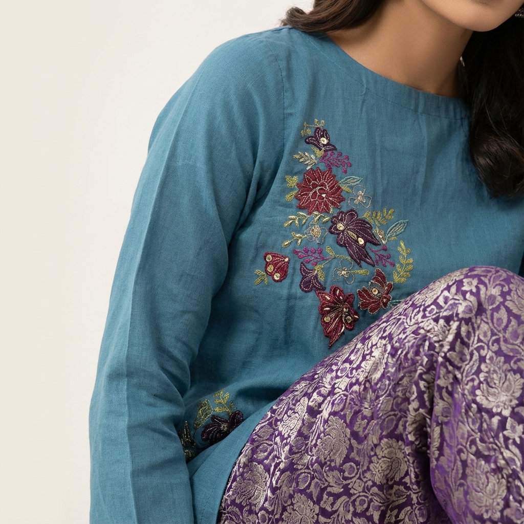 Olive Green Embroidered Suit with Purple Banarsi Trouser