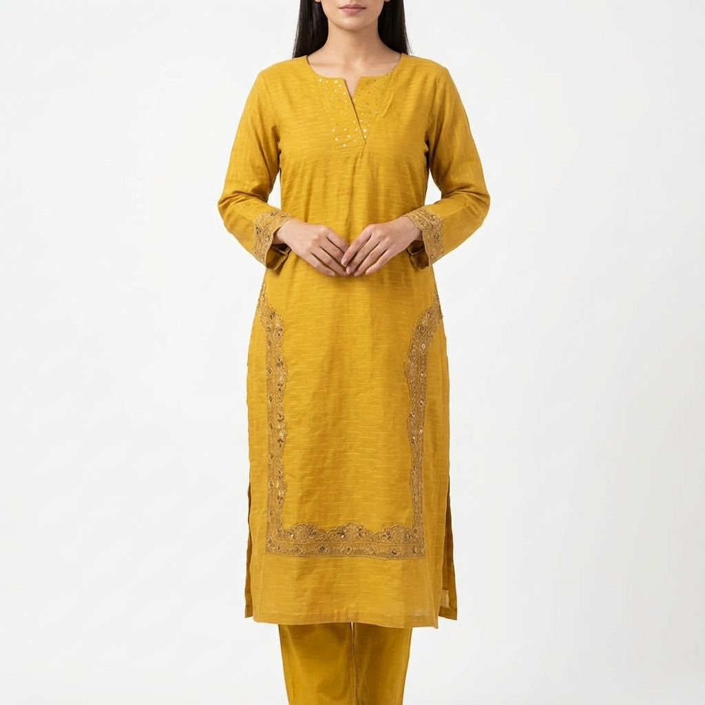 Mustard Embroidered ethnics Winter Suit with Pink Dupatta