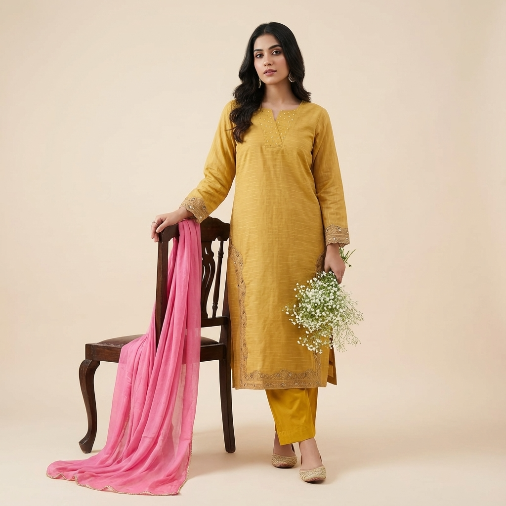 Mustard Embroidered ethnics Winter Suit with Pink Dupatta