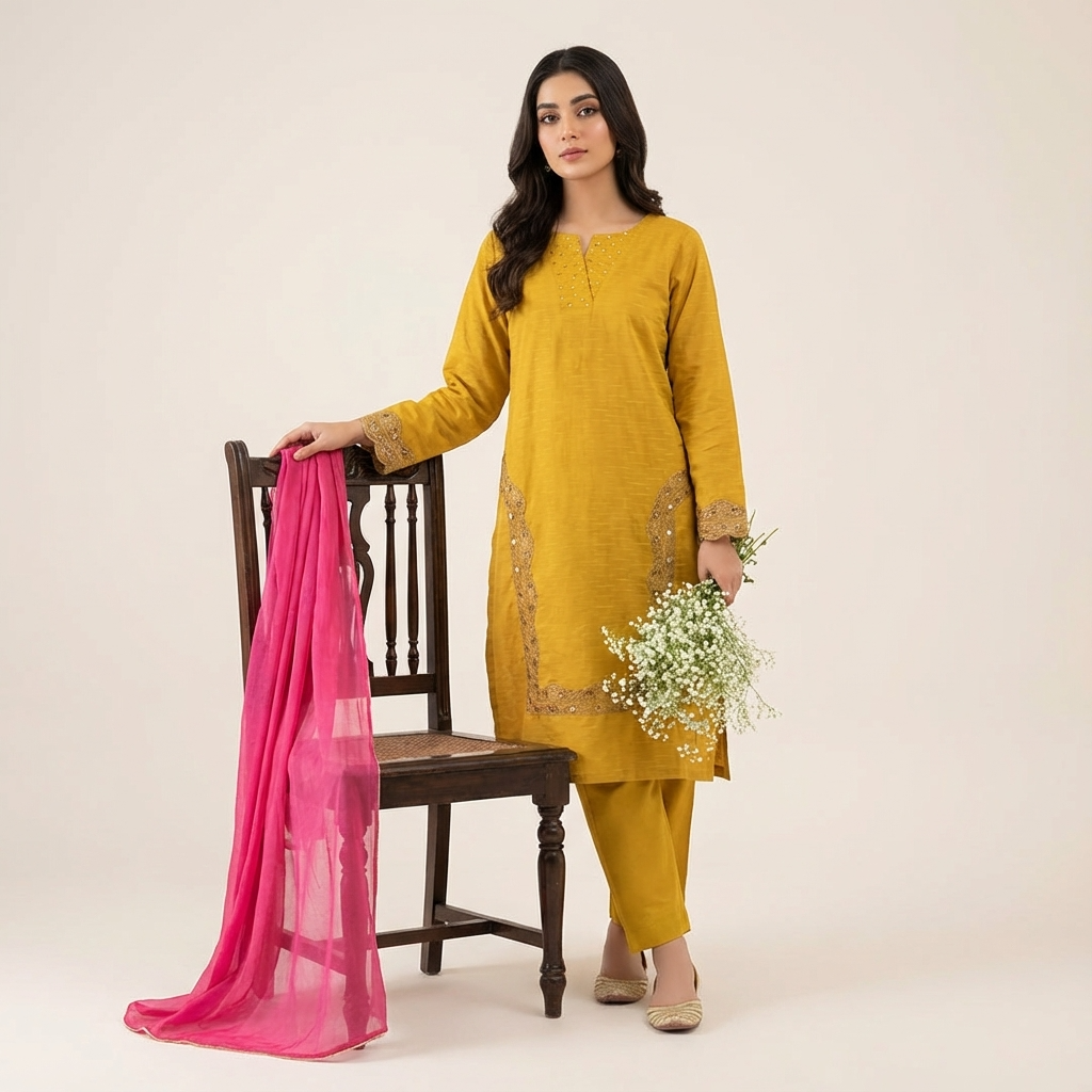 Mustard Embroidered ethnics Winter Suit with Pink Dupatta