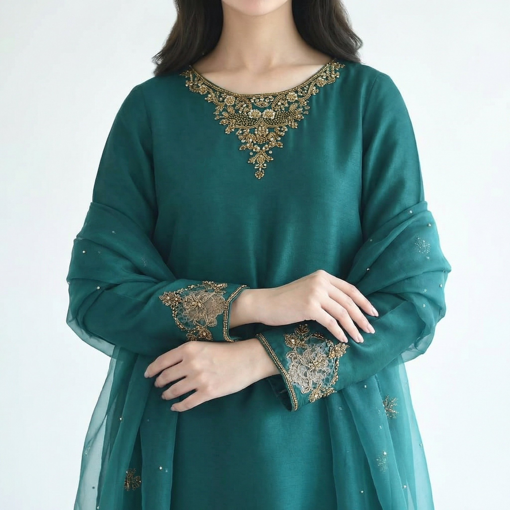 silk 3pc stitched with needlework handwork embroidered neckline and placket