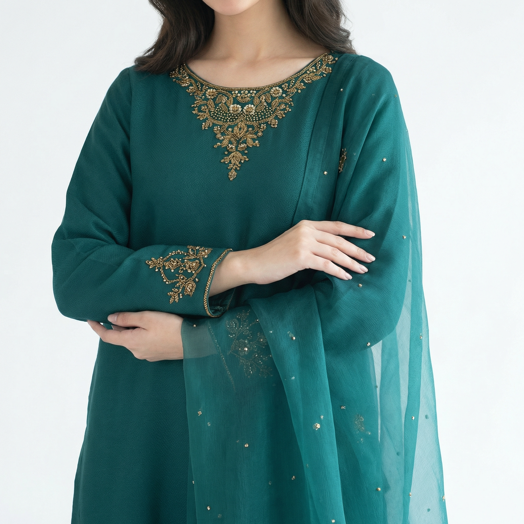 silk kameez with gold embroidered neckline stitched suit 3pc