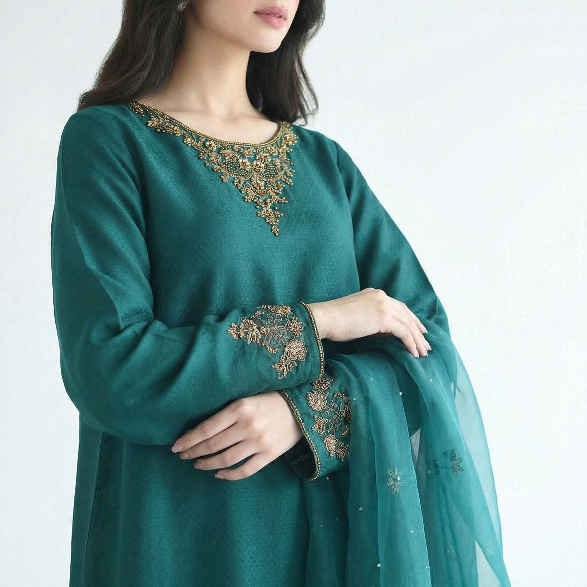 silk kameez with gold embroidered neckline stitched suit 3pc