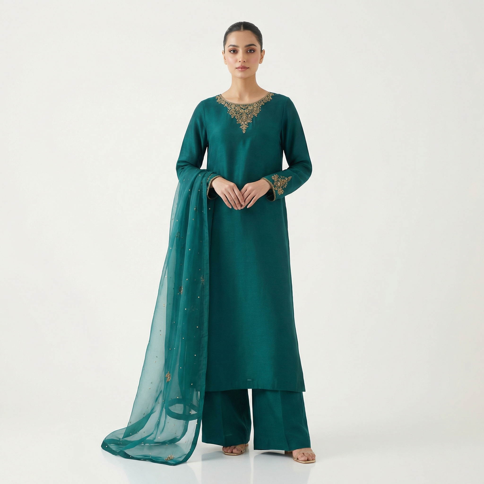 silk 3pc stitched with needlework handwork embroidered neckline and placket