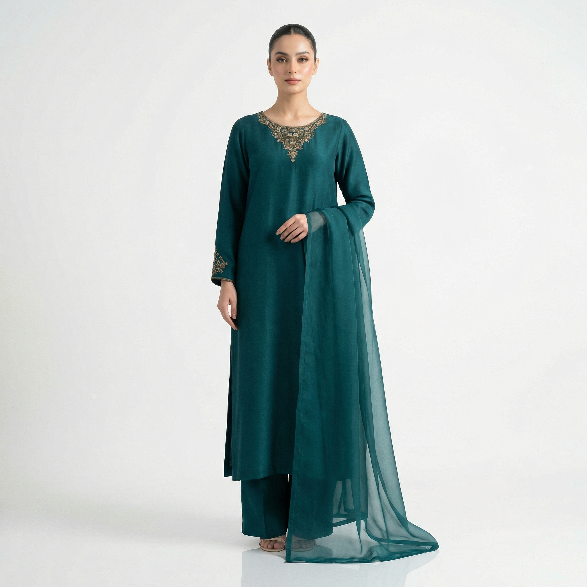 silk kameez with gold embroidered neckline stitched suit 3pc