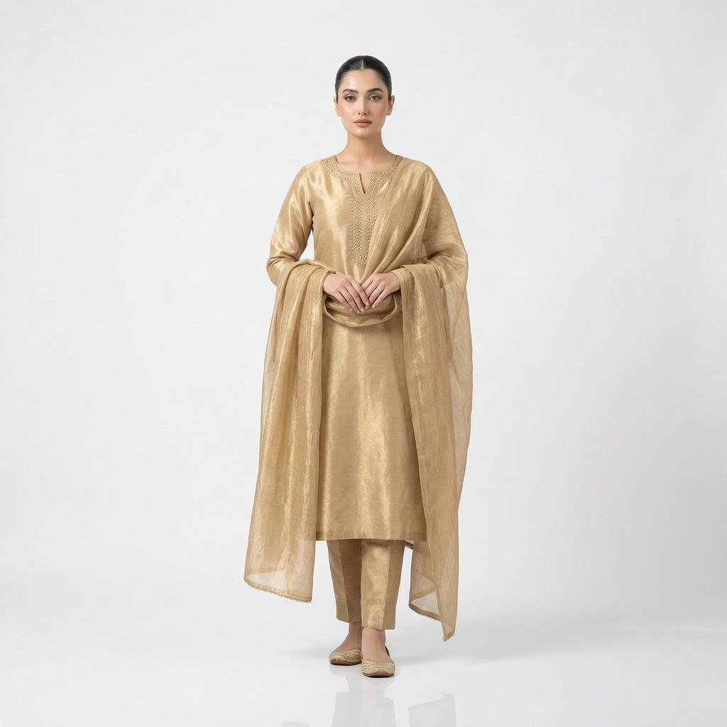 Golden Beige Embroidered Silk Suit