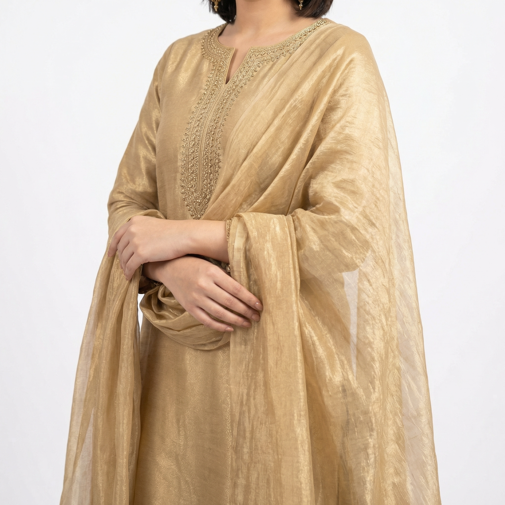 Golden Beige Embroidered Silk Suit