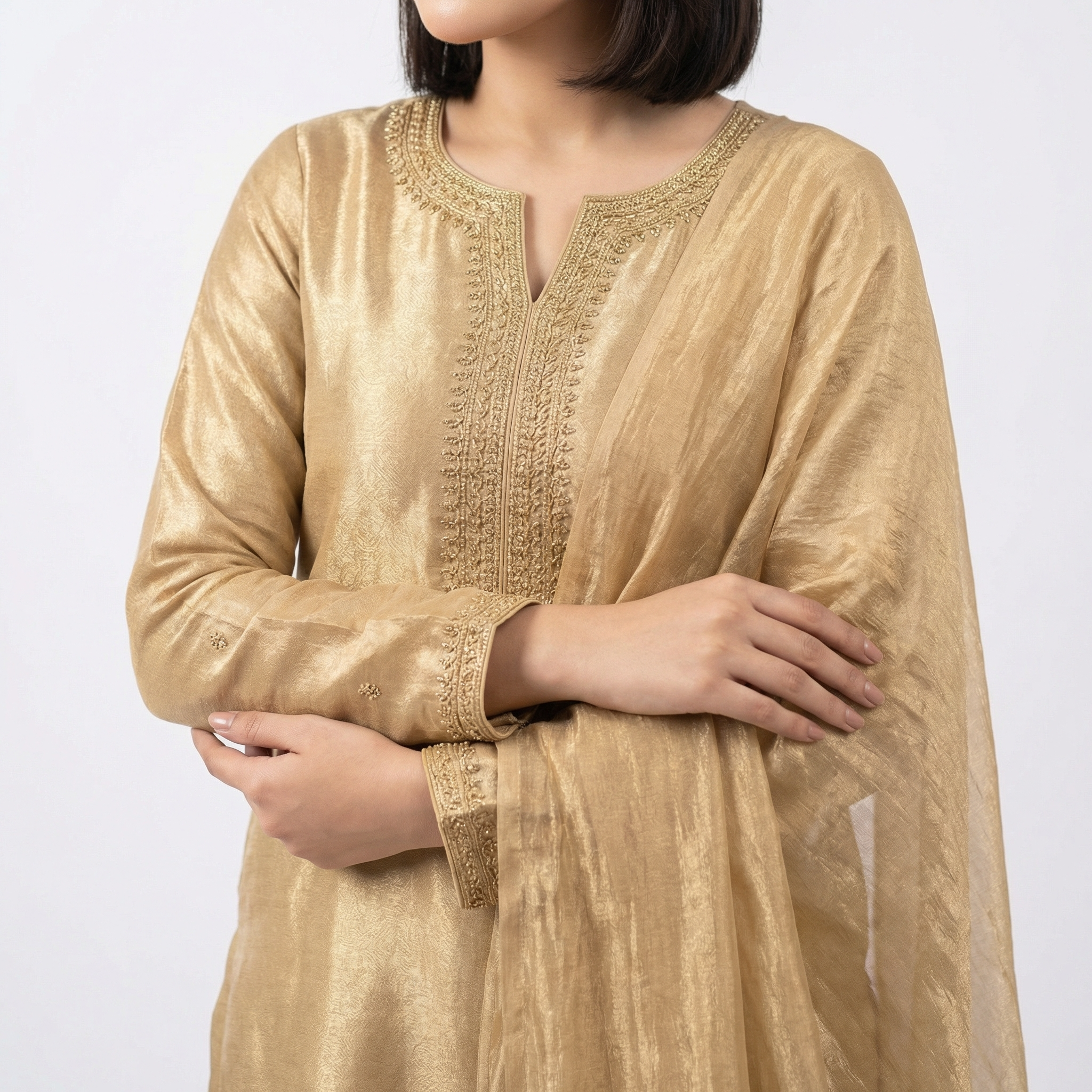 Golden Beige Embroidered Silk Suit