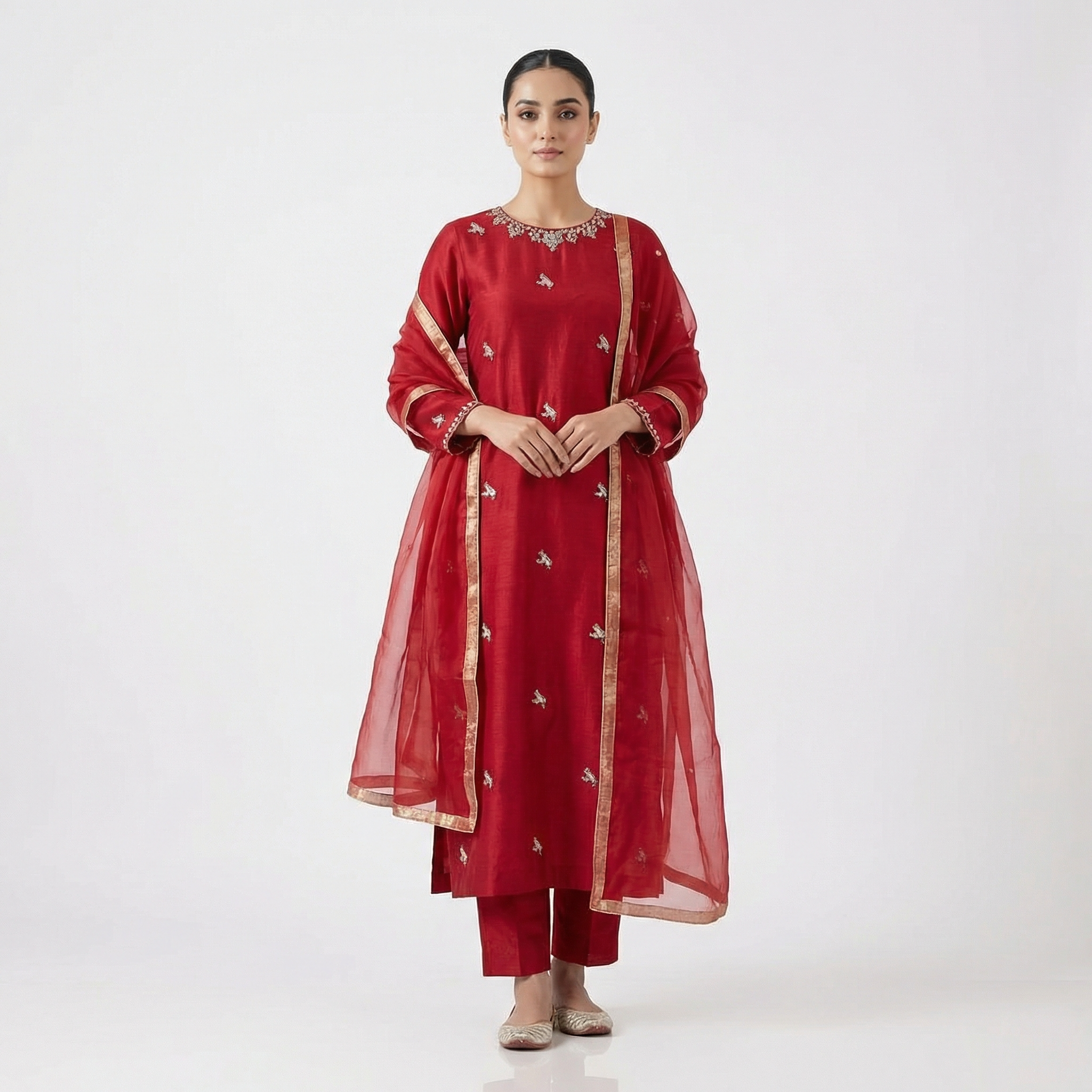 silk kameez with golden& totally golden handwork stone& embroidered neckline and placket