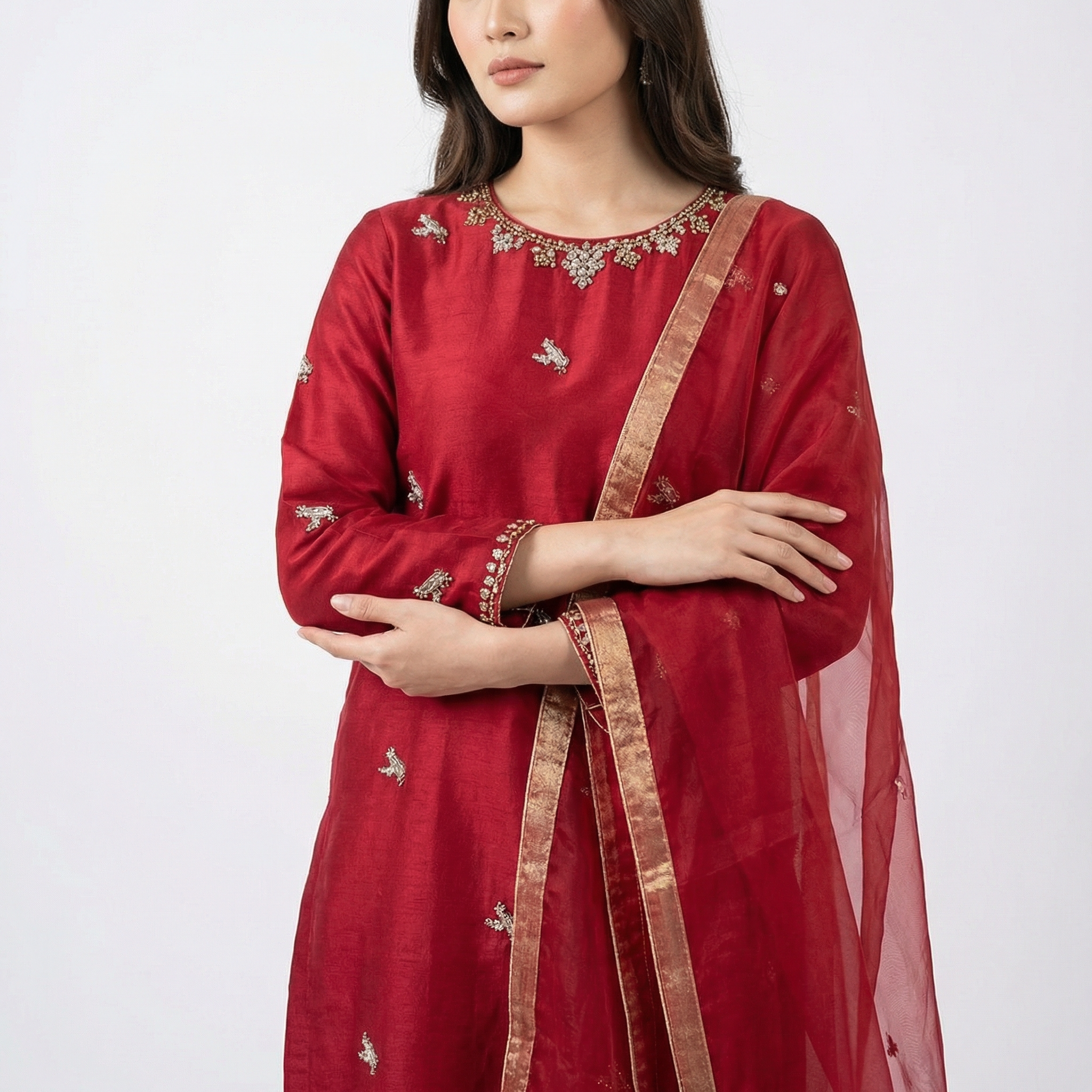 silk kameez with golden& totally golden handwork stone& embroidered neckline and placket