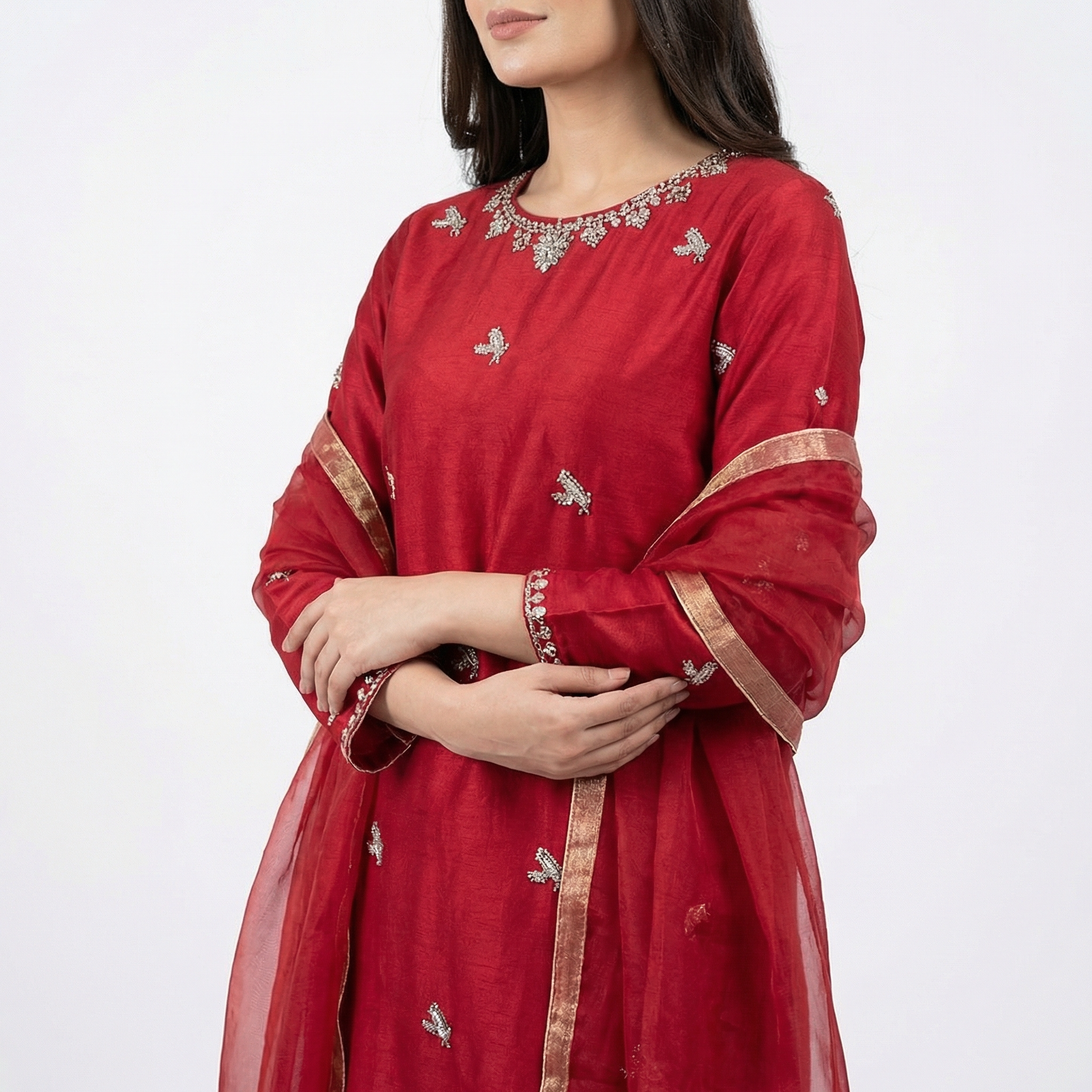 silk kameez with golden& totally golden handwork stone& embroidered neckline and placket