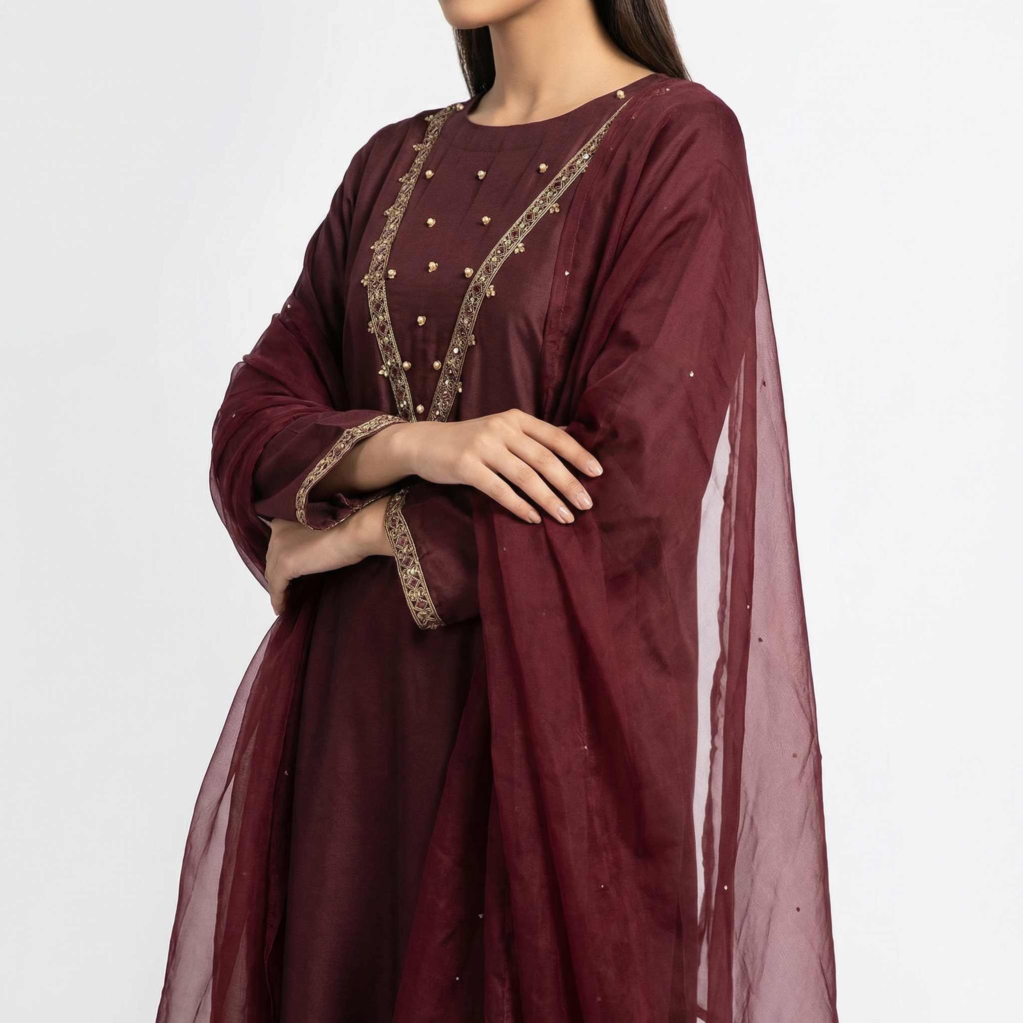 3-piece stitched suit, ready-to-wear Premium branded DARK MEHRON silk fabric