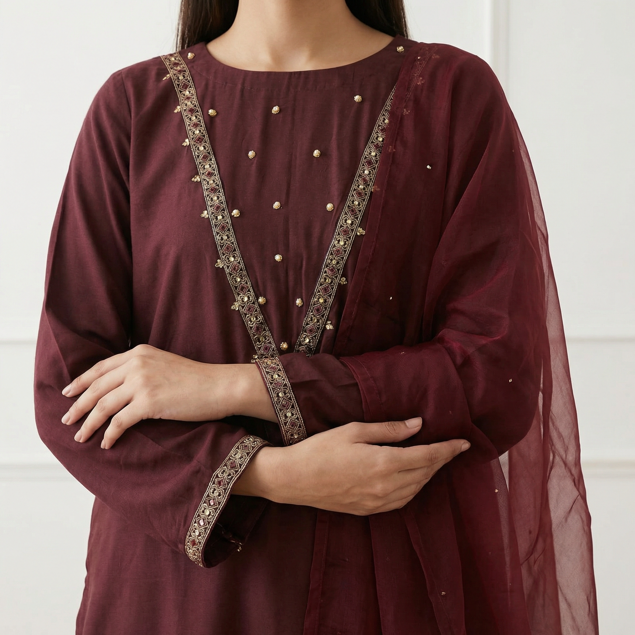 3-piece stitched suit, ready-to-wear Premium branded DARK MEHRON silk fabric