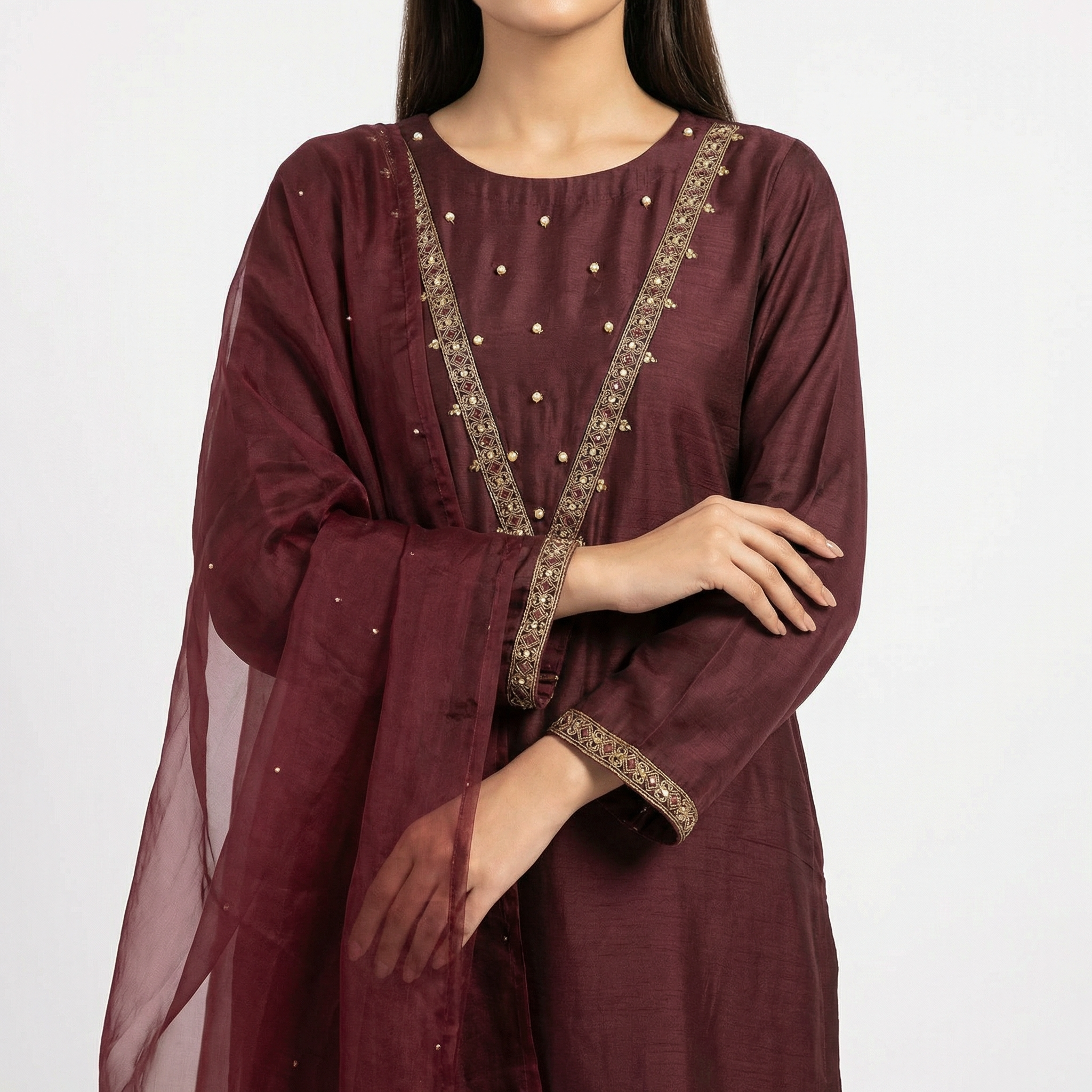 3-piece stitched suit, ready-to-wear Premium branded DARK MEHRON silk fabric