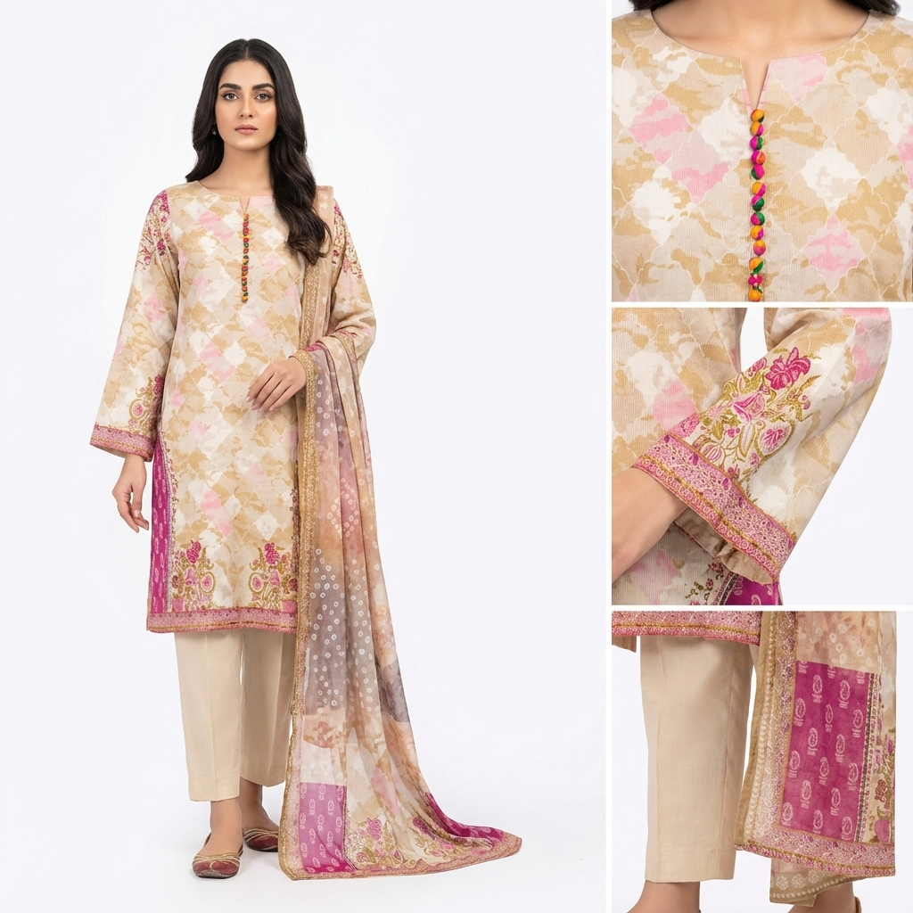 Beige Pink Floral Printed Suit
