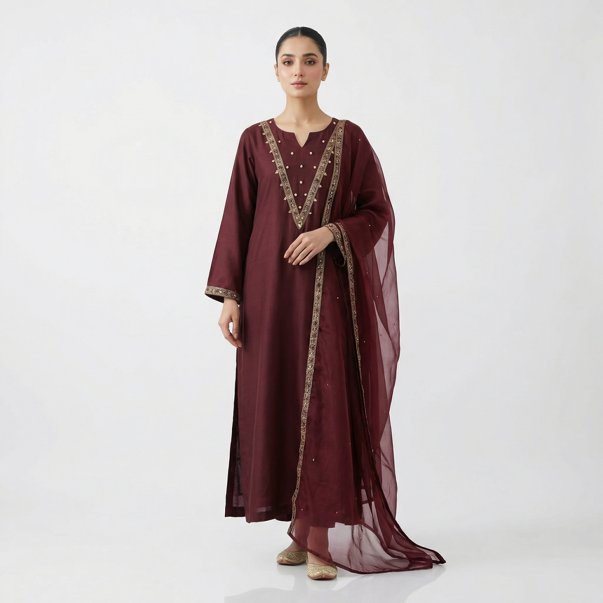 3-piece stitched suit, ready-to-wear Premium branded DARK MEHRON silk fabric