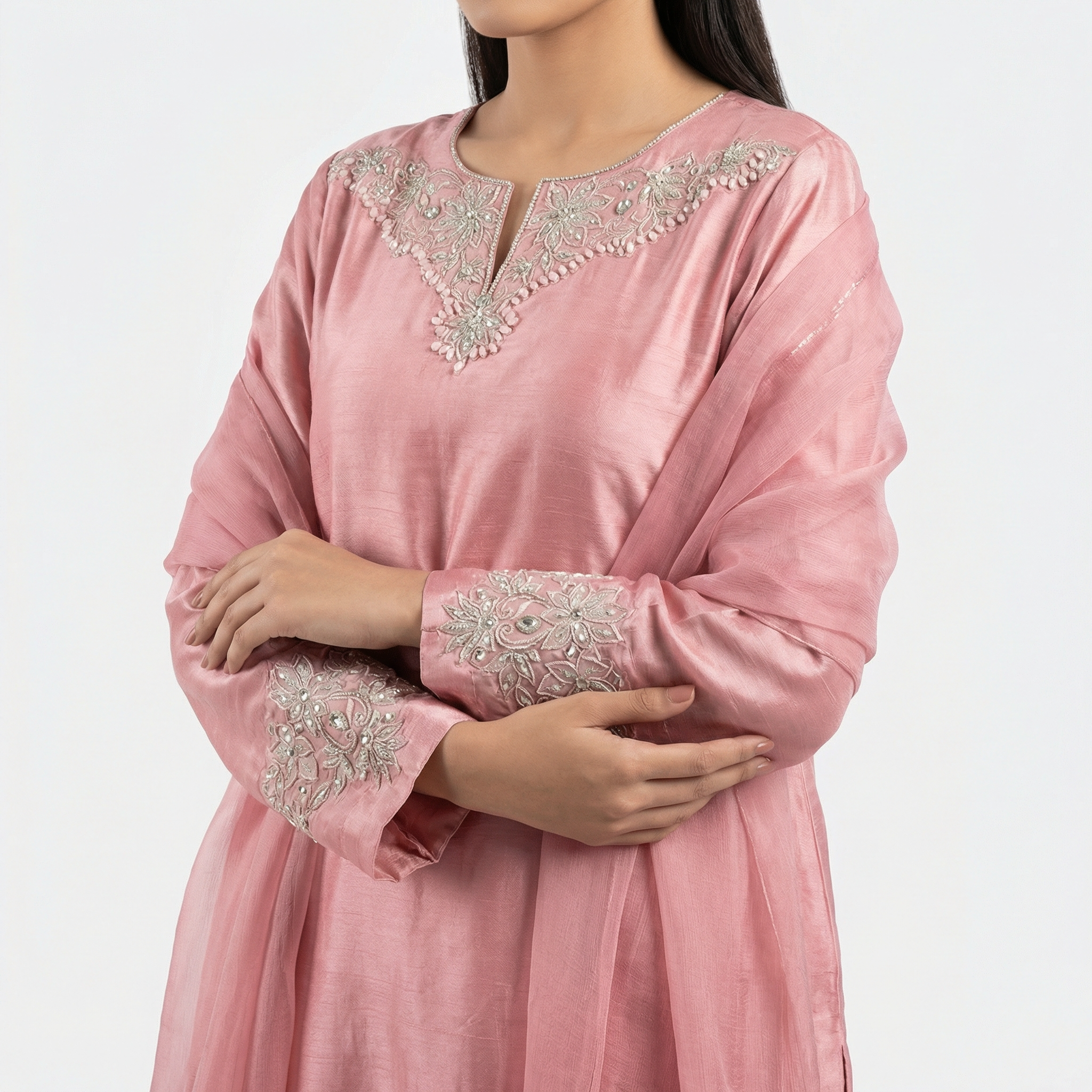 Rao silk kameez with LIGHT PINK SHINE stone embroidered neckline