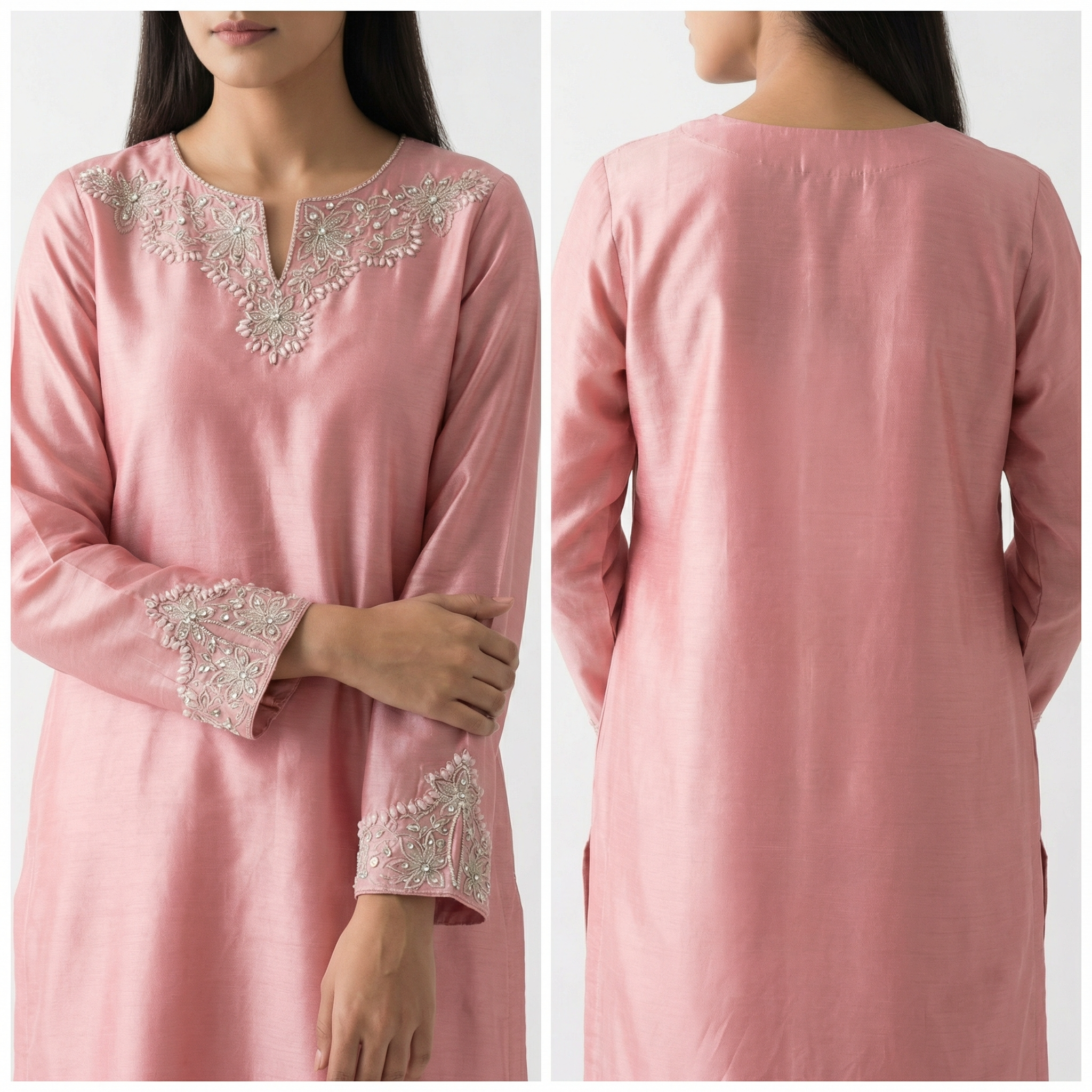 Rao silk kameez with LIGHT PINK SHINE stone embroidered neckline