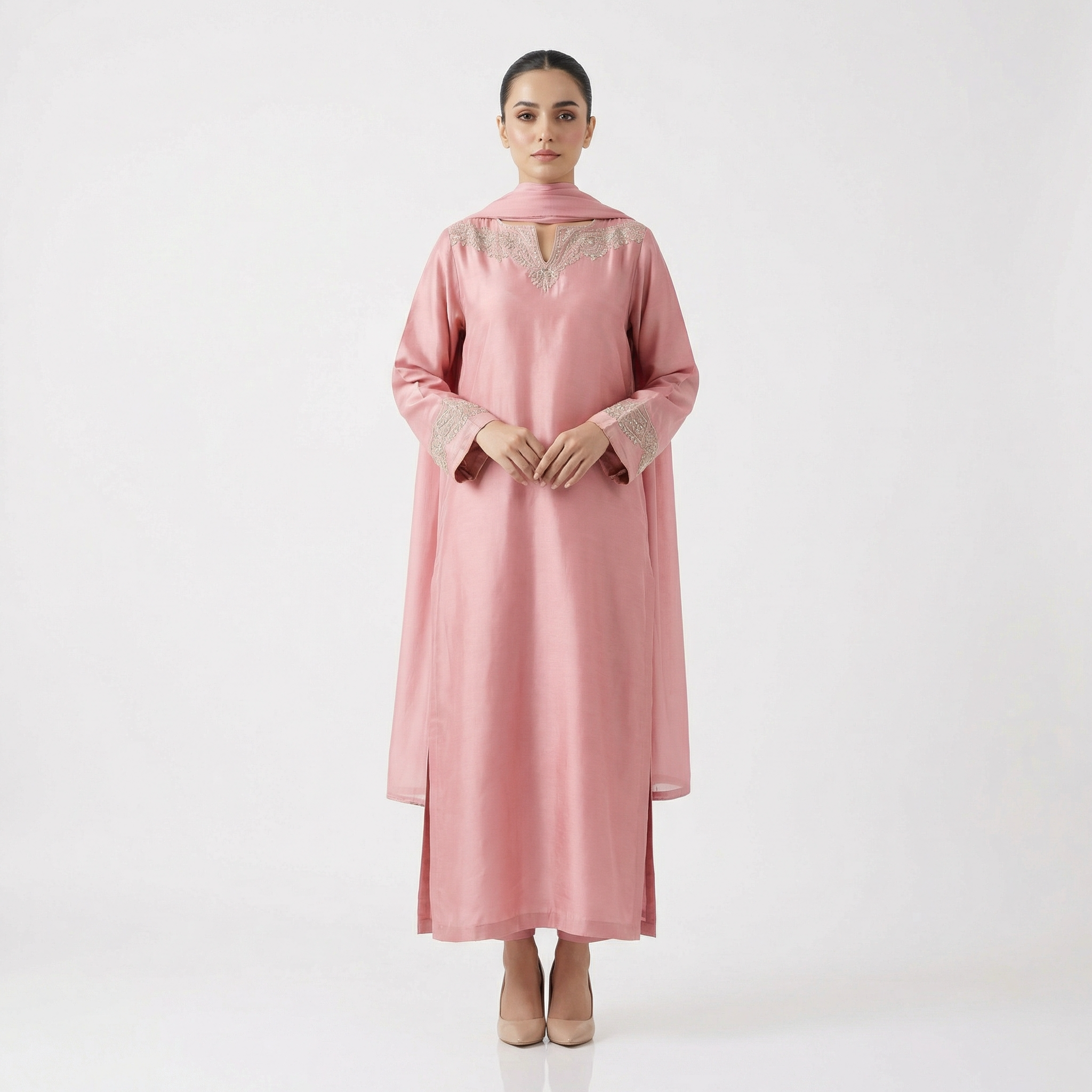 Rao silk kameez with LIGHT PINK SHINE stone embroidered neckline