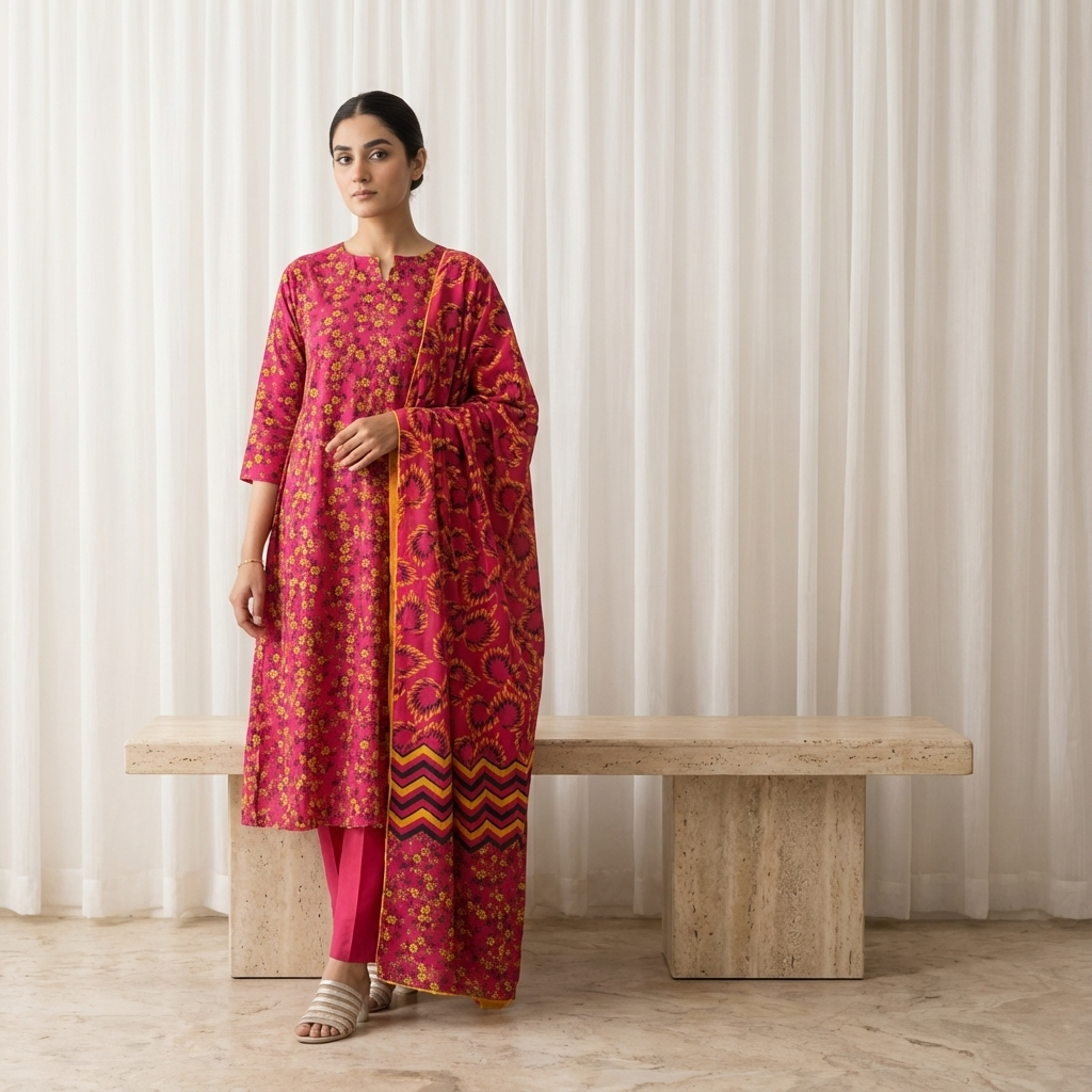 Vibrant Magenta Floral – Stitched 3-Piece Suit