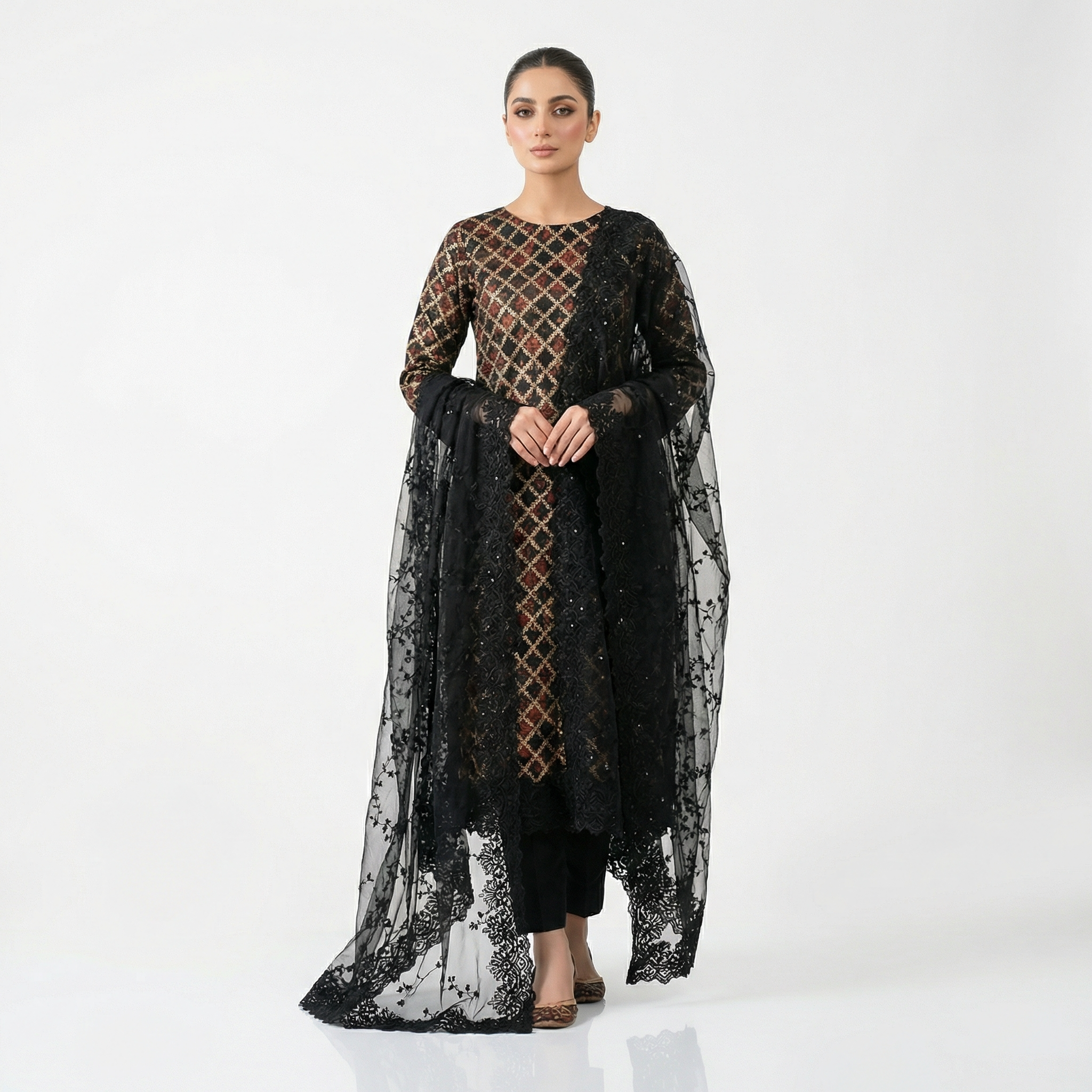 The Black & Gold Festive Tissue Embroidered 3-Piece Suit