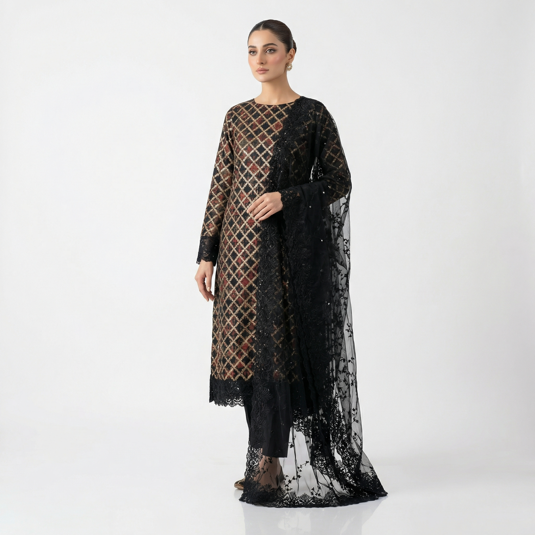 The Black & Gold Festive Tissue Embroidered 3-Piece Suit