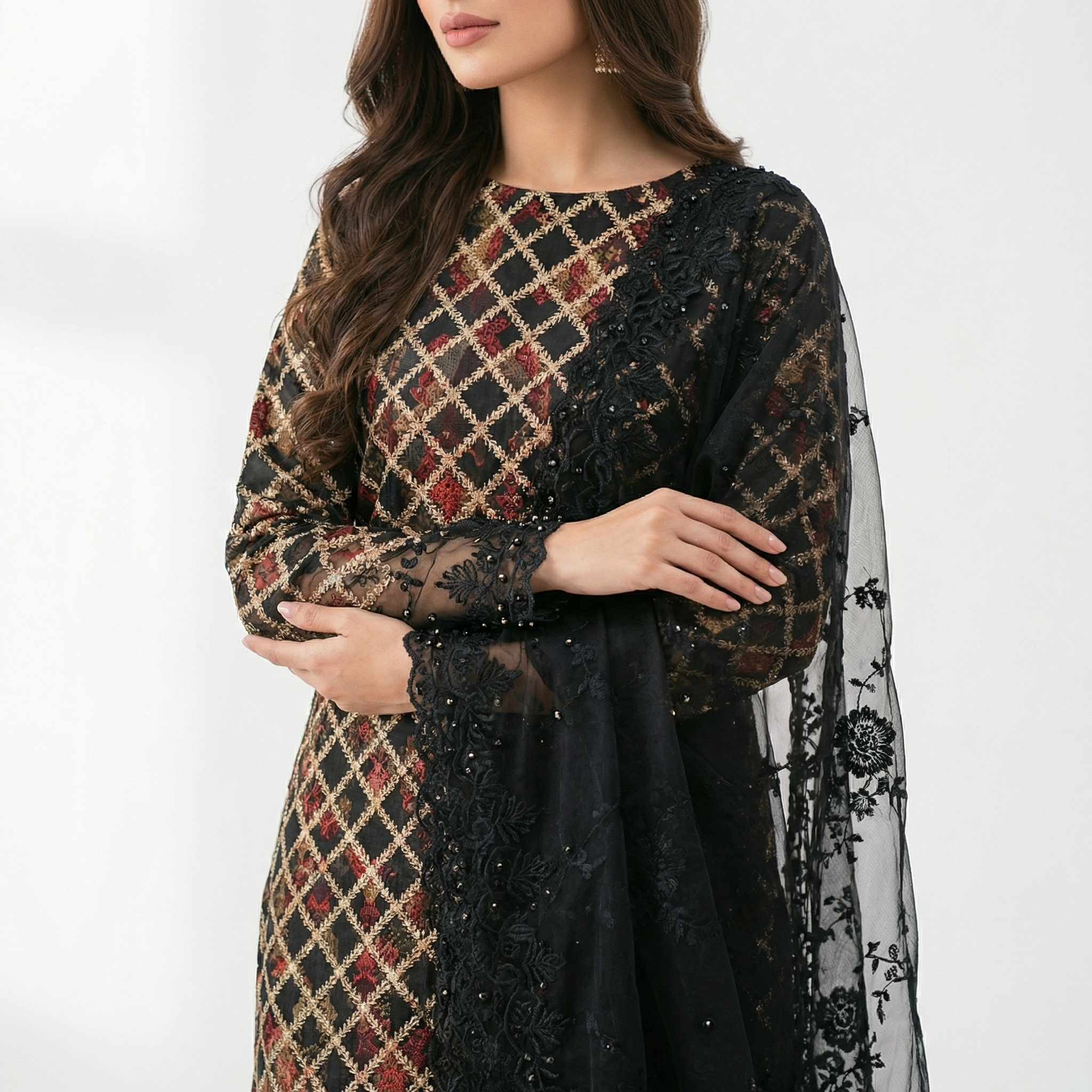 The Black & Gold Festive Tissue Embroidered 3-Piece Suit