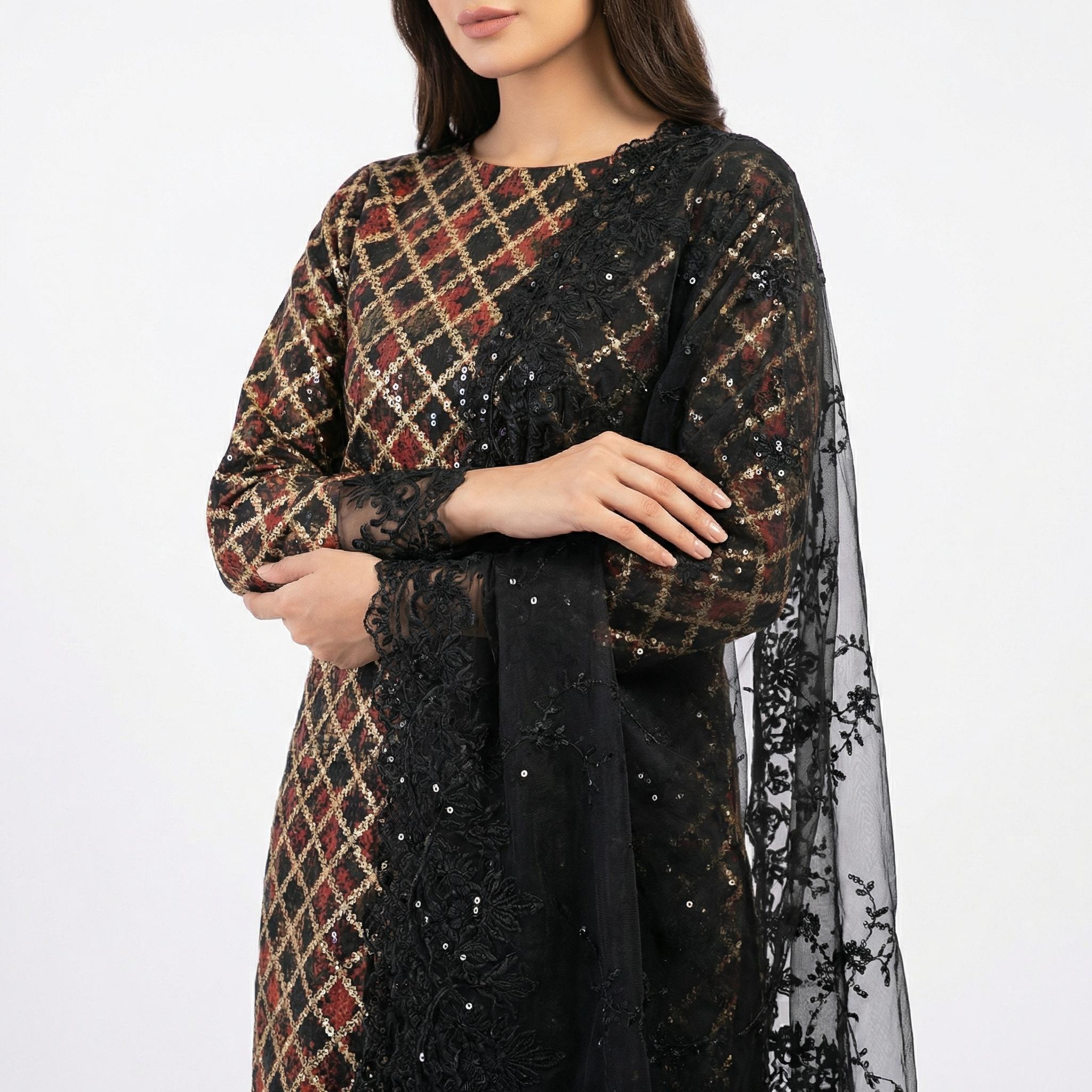 The Black & Gold Festive Tissue Embroidered 3-Piece Suit