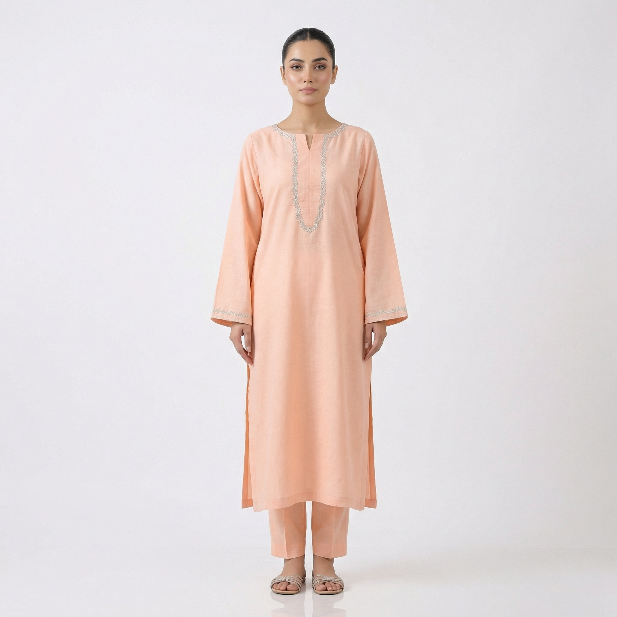 Peach Soft Silk Hand Embroidered 2-Piece Suit