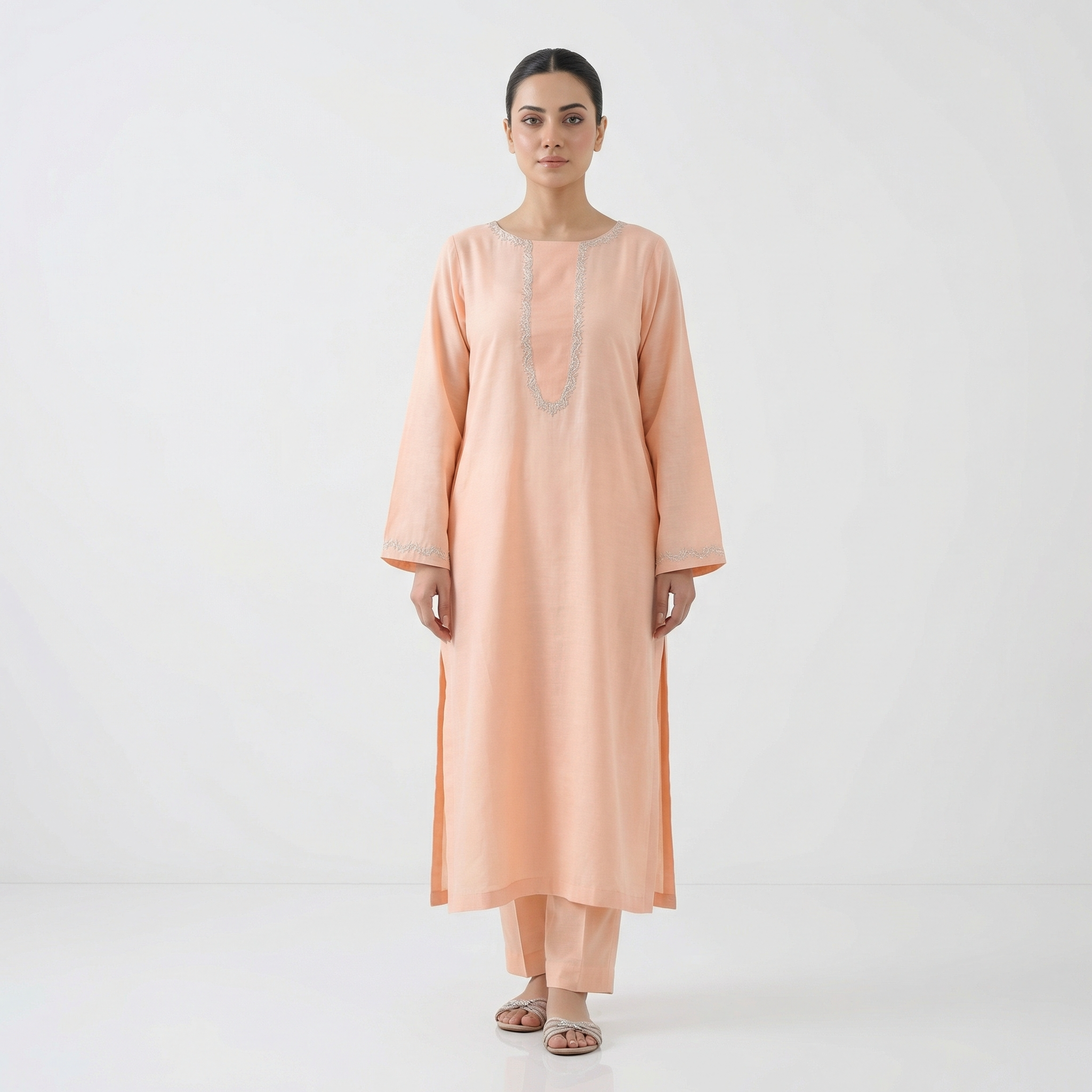 Peach Soft Silk Hand Embroidered 2-Piece Suit