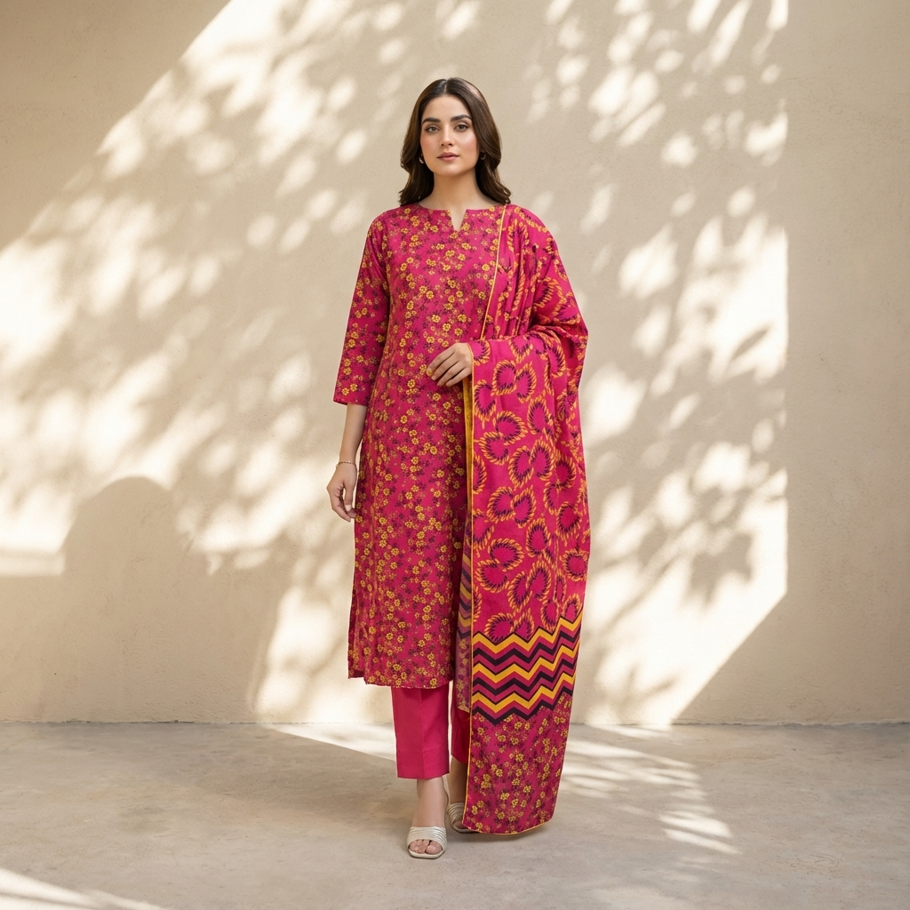 Vibrant Magenta Floral – Stitched 3-Piece Suit