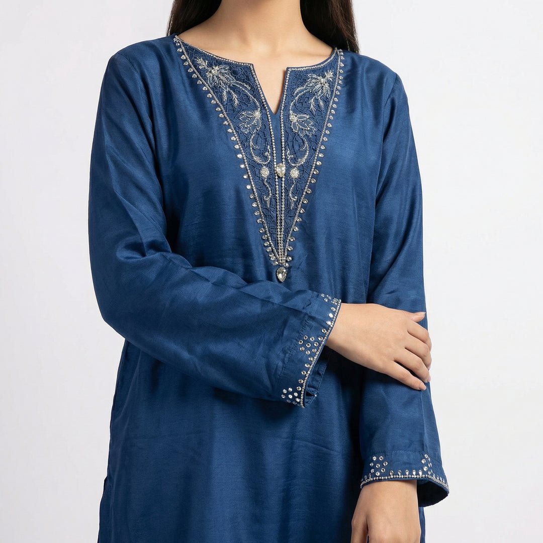 Blue Silver Stone Embroidered Silk 3-Piece Suit