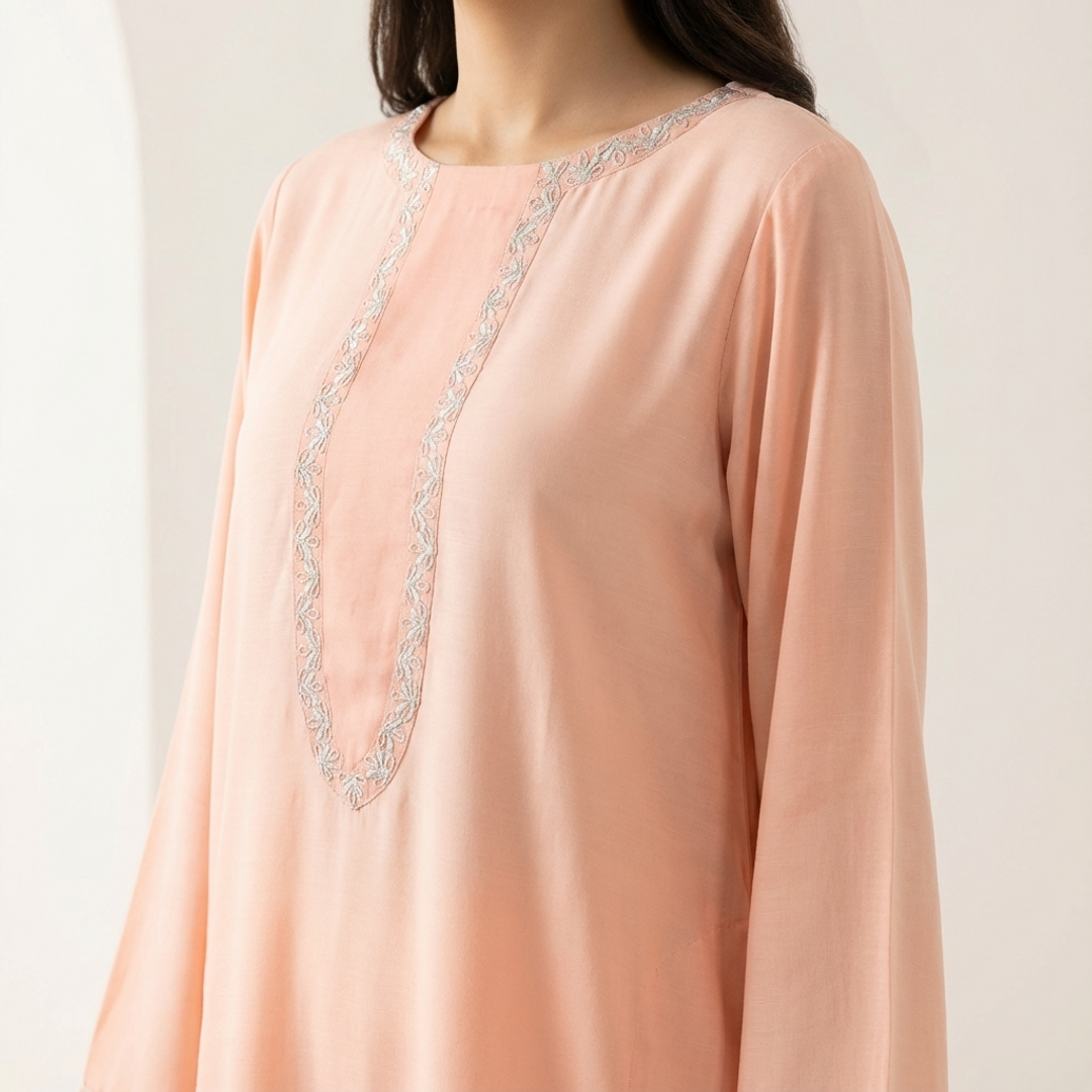Peach Hand Embroidered Silk 2-Piece Suit