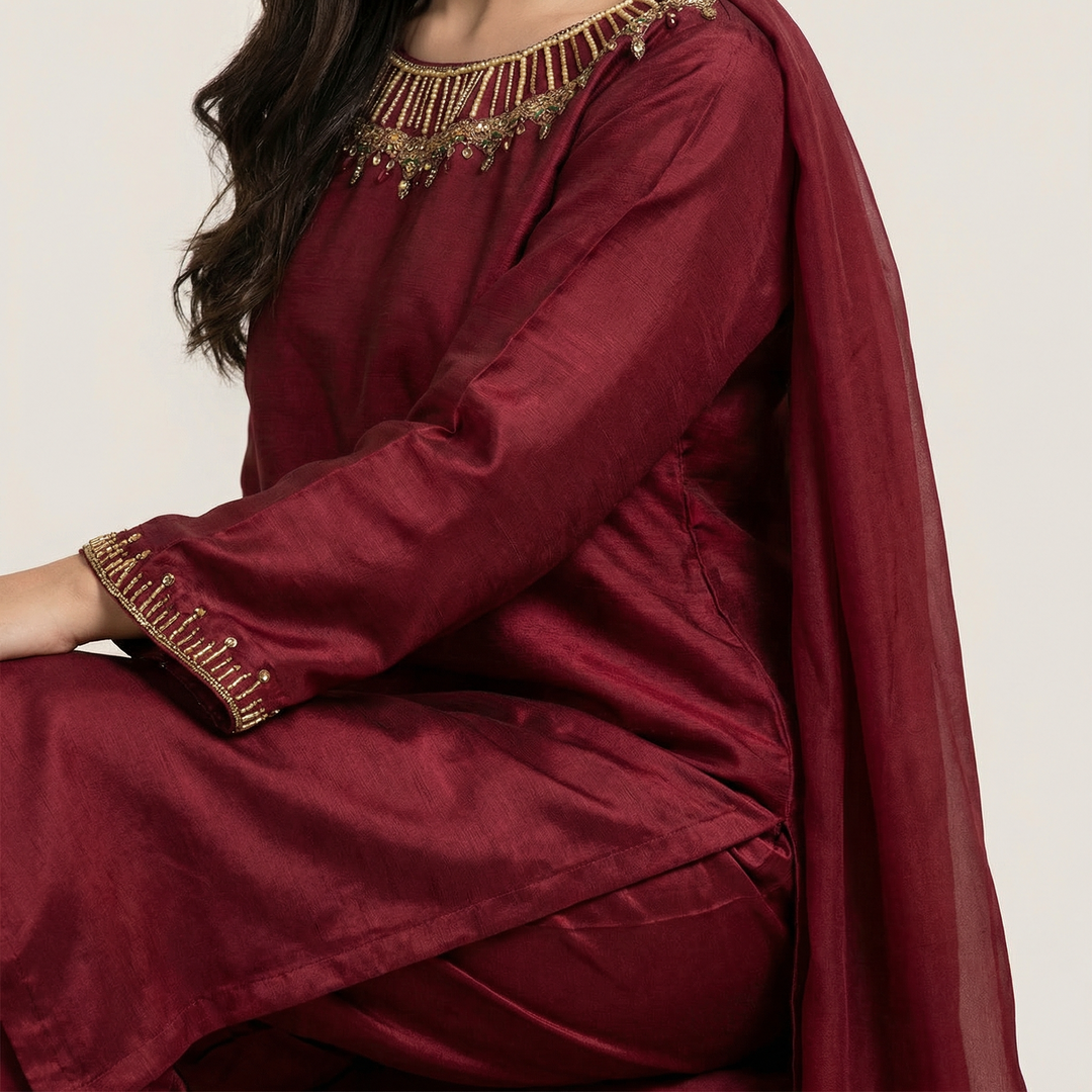 Golden Beige Embroidered Silk 3-Piece Suit