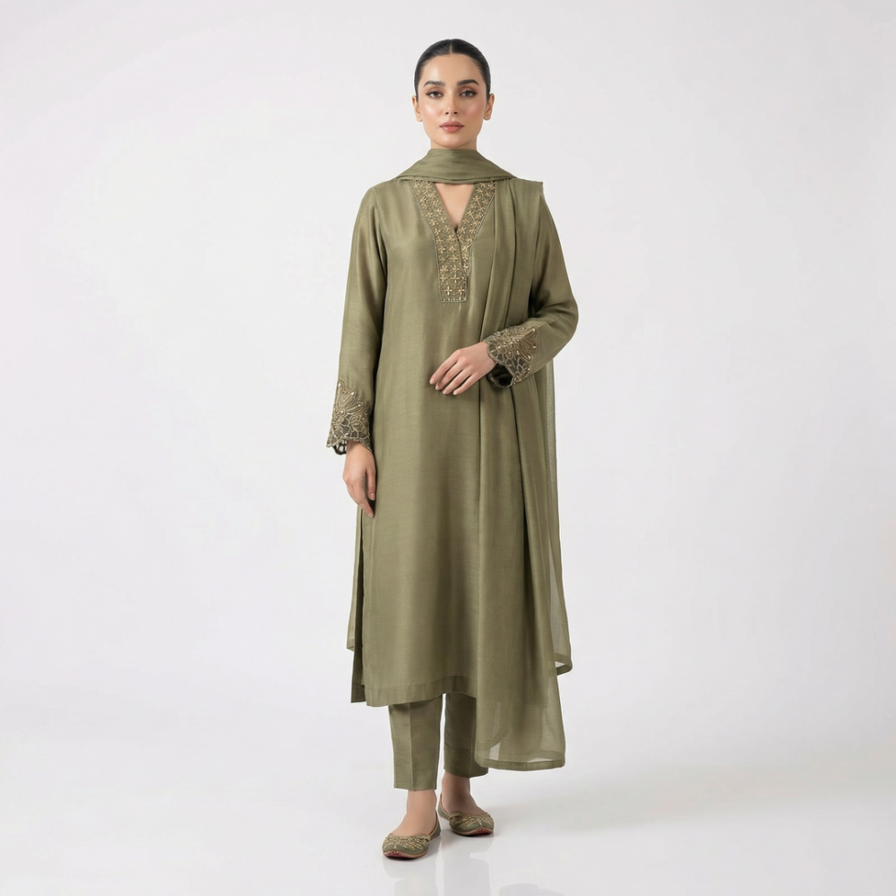 Ethnic silk kameez with light golden and handwork embroidered neckline and placket