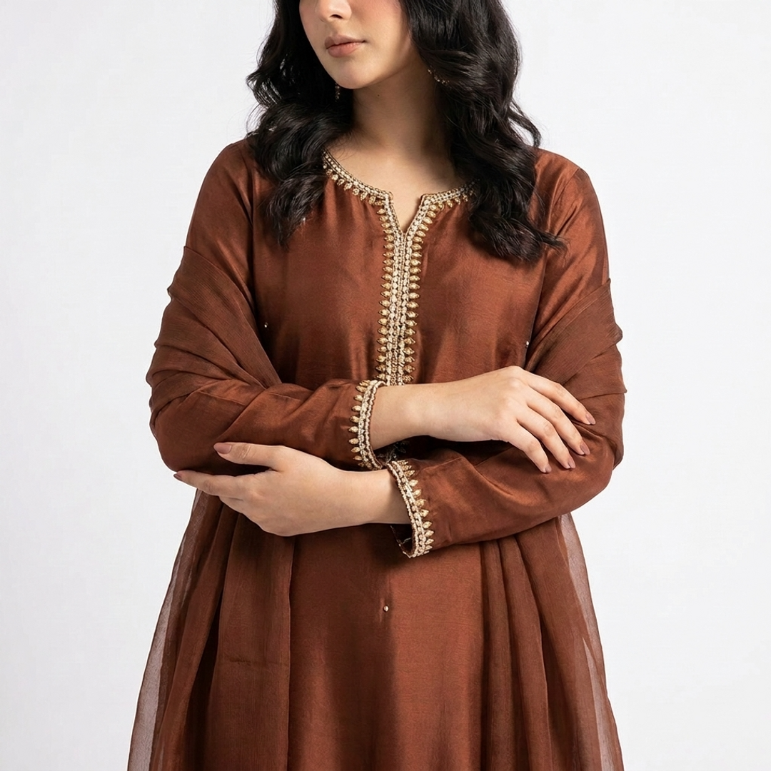 Light Golden Needlework Soft Silk 3-Piece Suit