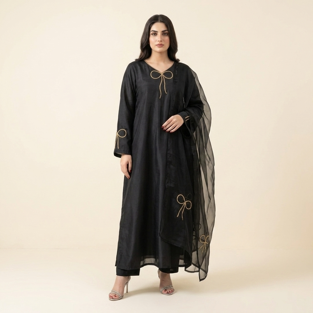 Light Golden Needlework Raw Silk 3-Piece Suit