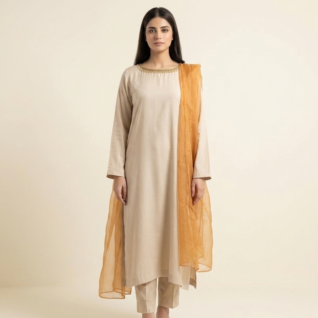 Beigh Hand Embroidered Soft Silk 3-Piece Suit