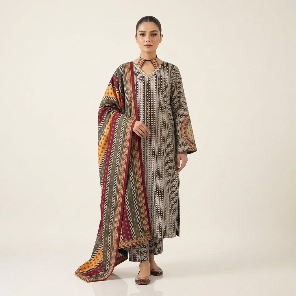 Bin Saeed Inspired Golden Stone Needlework Suit