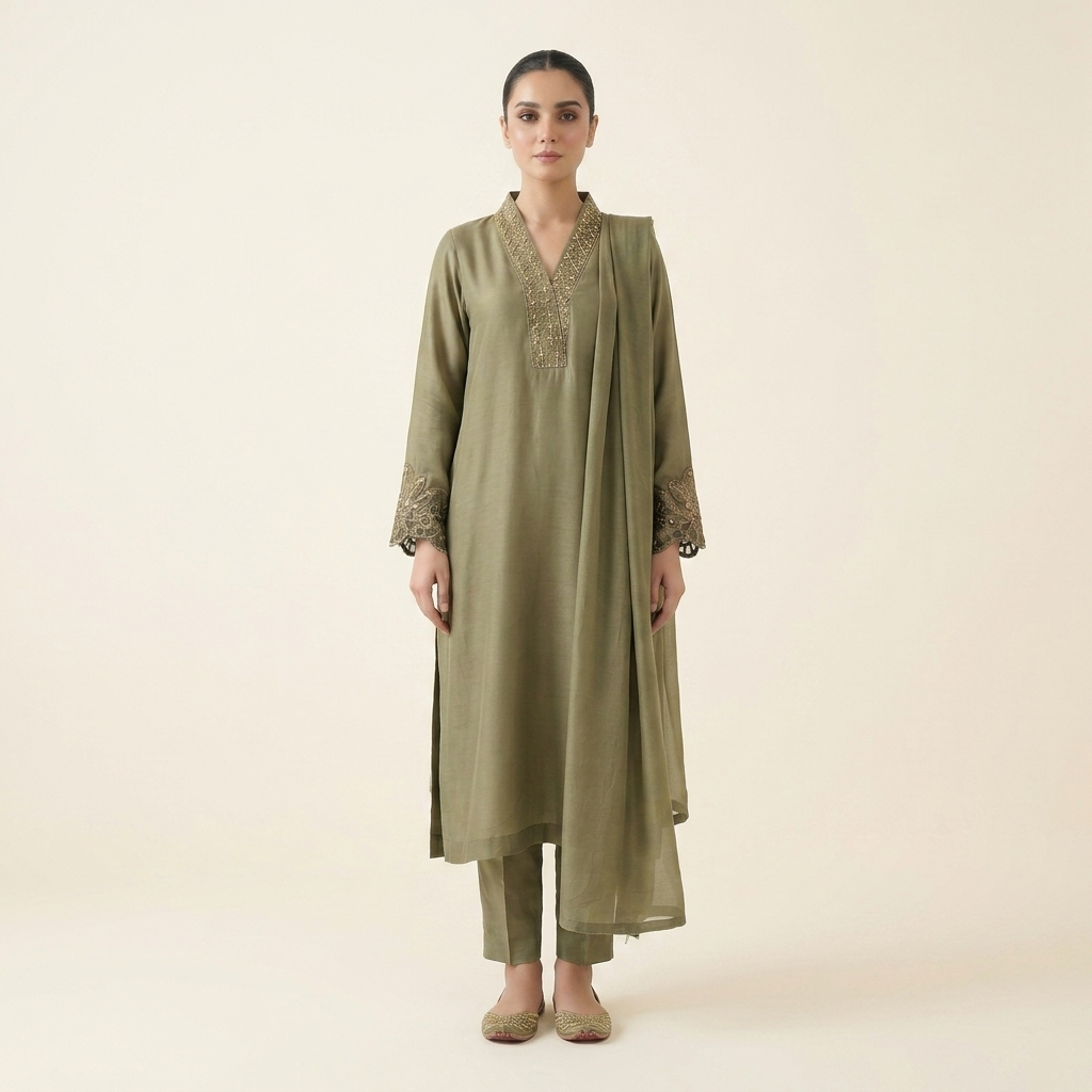 Light Golden Hand Embroidered Silk 3-Piece Suit