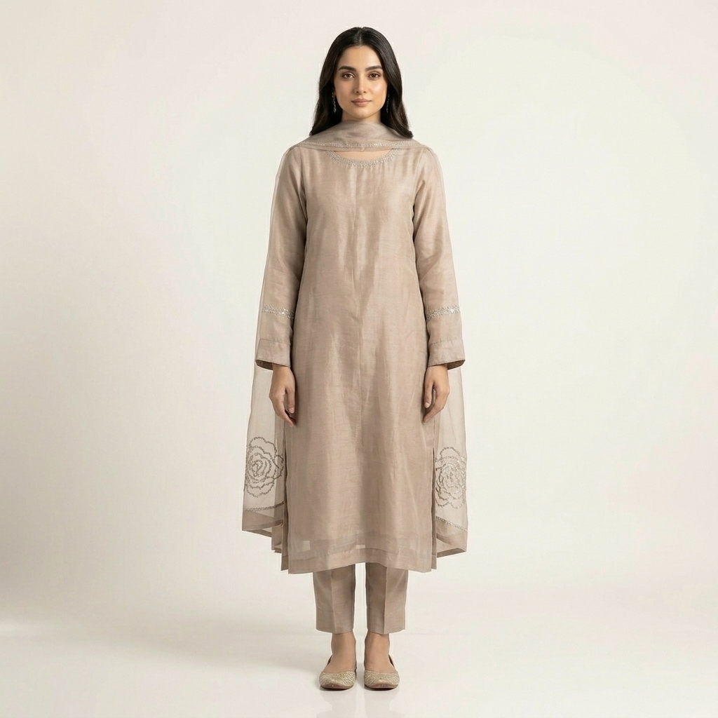 Light Golden Stone Embroidered Silk 3-Piece Suit