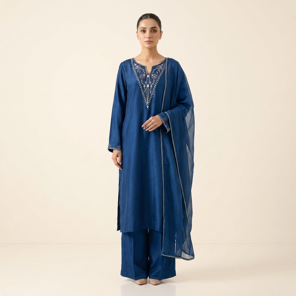 Blue Silver Stone Embroidered Silk 3-Piece Suit