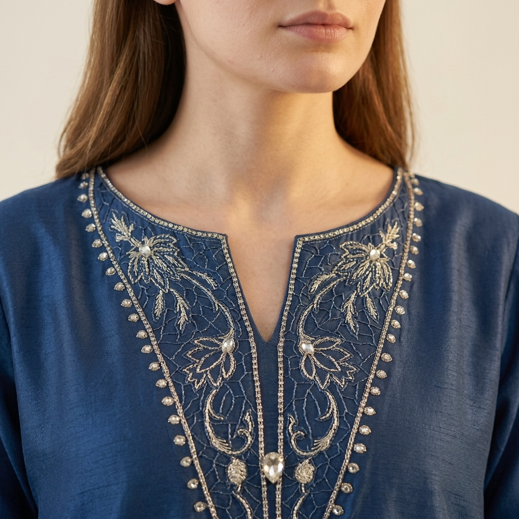 Blue Silver Stone Embroidered Silk 3-Piece Suit - Image 3
