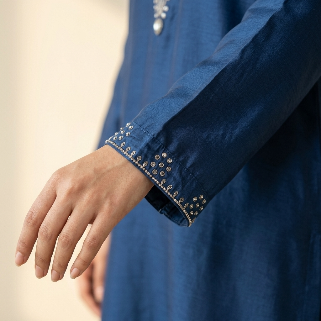 Blue Silver Stone Embroidered Silk 3-Piece Suit - Image 4