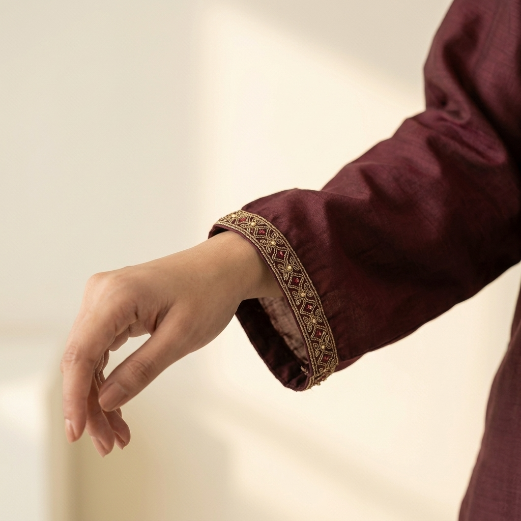 Dark Maroon Embroidered Silk 3-Piece Suit