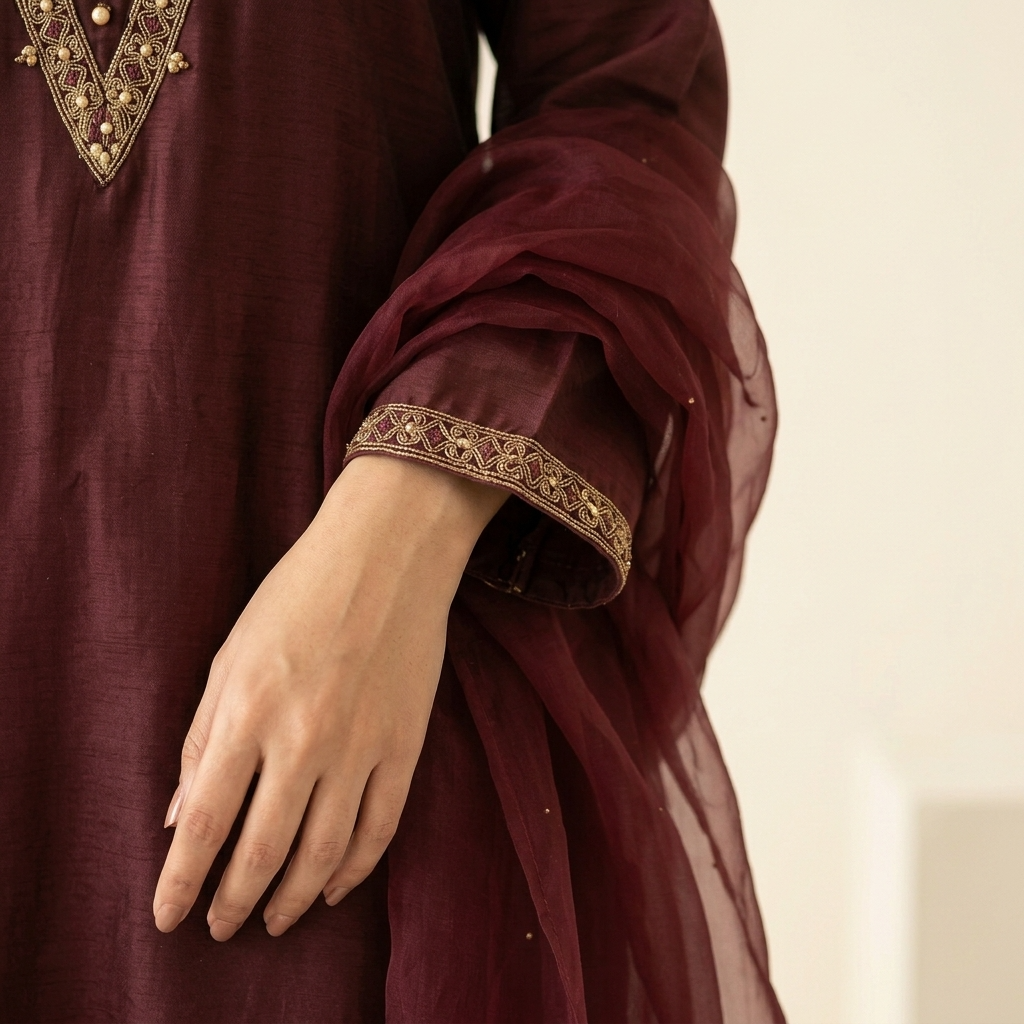 Dark Maroon Embroidered Silk 3-Piece Suit - Image 4