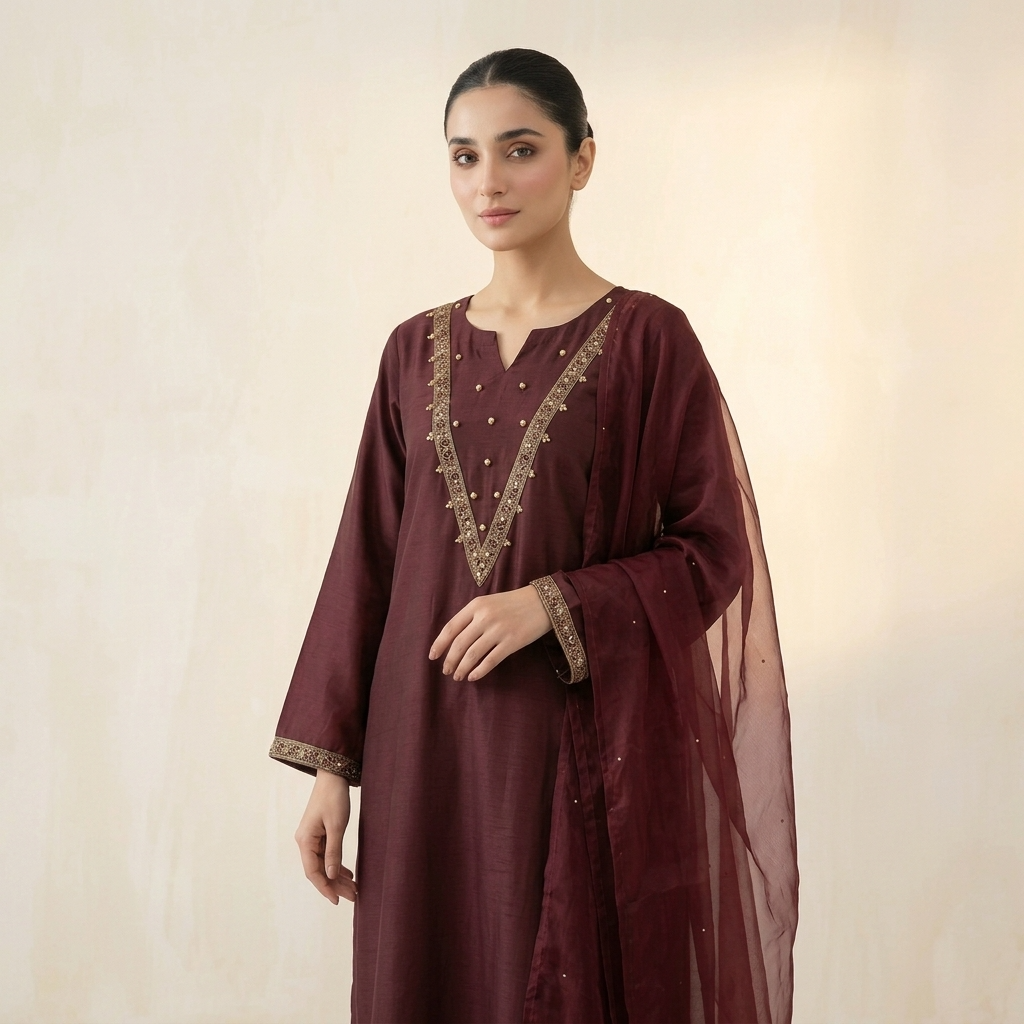 Dark Maroon Embroidered Silk 3-Piece Suit - Image 2