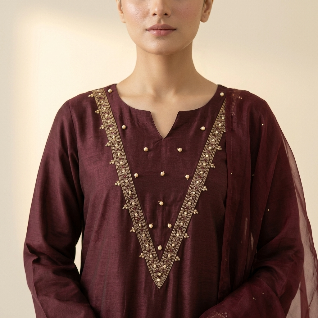 Dark Maroon Embroidered Silk 3-Piece Suit - Image 5