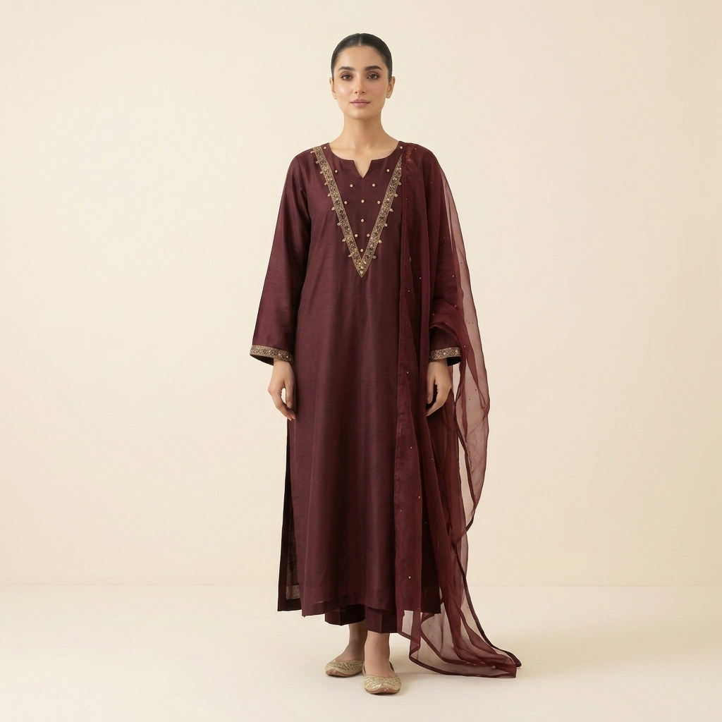 Dark Maroon Embroidered Silk 3-Piece Suit